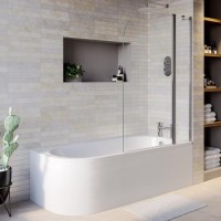 ALMOST PERFECT - J Shape Shower Bath Right Hand with Front Panel & Chrome Bath Screen with Towel Rail 1700 x 750mm - Jersey