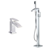 Chrome Freestanding Bath Shower Mixer and Basin Tap Set - Wave Chrome Freestanding Bath Shower Mixer and Basin Tap Set - Wave