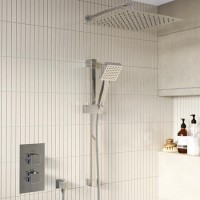 Chrome 2 Outlet  Wall Mounted Thermostatic Mixer Shower Set with Hand Shower - Cube Chrome 2 Outlet  Wall Mounted Thermostatic Mixer Shower Set with Hand Shower - Cube