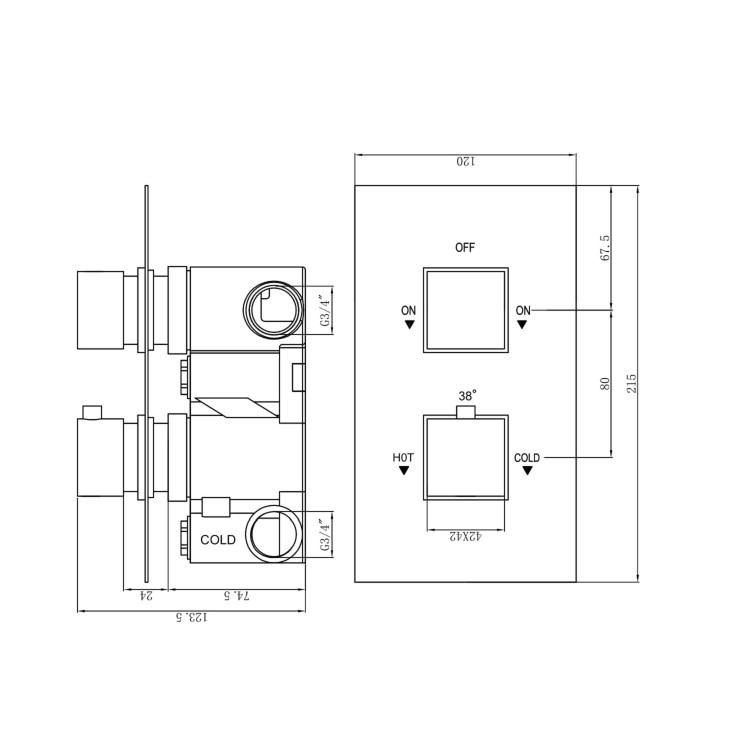 Chrome 2 Outlet  Wall Mounted Thermostatic Mixer Shower Set with Hand Shower - Cube