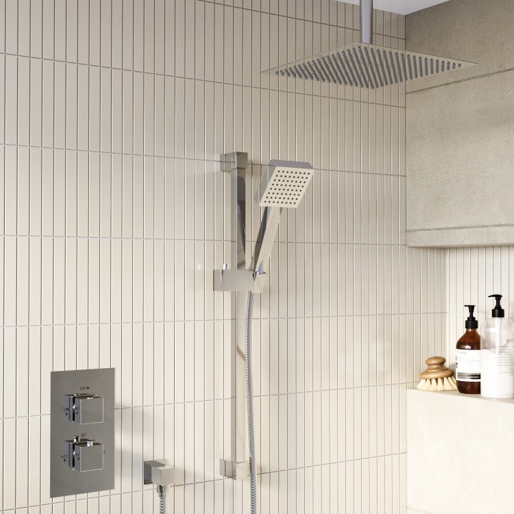 Chrome 2 Outlet  Ceiling Mounted Thermostatic Mixer Shower Set with Hand Shower - Cube