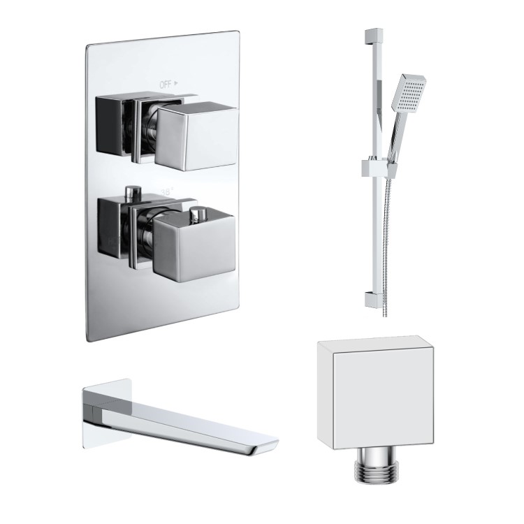 Chrome 2 Outlet Thermostatic Bath Mixer Shower Set With Hand Shower and Bath Filler Spout - Zana