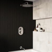 Chrome 2 Outlet Thermostatic Bath Mixer Shower Set With 300mm Wall Mounted Shower Head and Bath Filler Spout - Arissa Chrome 2 Outlet Thermostatic Bath Mixer Shower Set With 300mm Wall Mounted Shower Head and Bath Filler Spout - Arissa