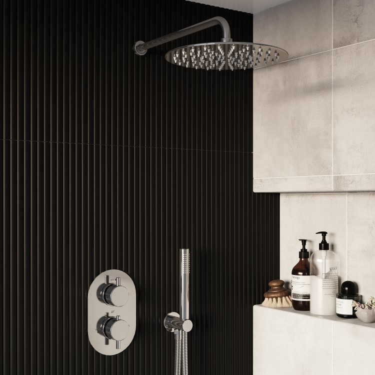 Chrome Dual Outlet Wall Mounted Thermostatic Mixer Shower Set With Hand Shower - Arissa