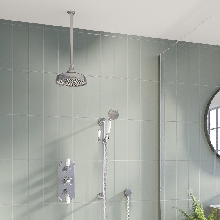 Chrome 2 Outlet  Ceiling Mounted Thermostatic Mixer Shower Set with Hand Shower - Cambridge