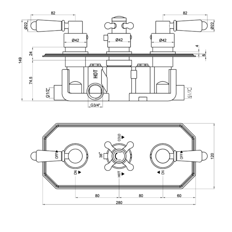 Chrome 2 Outlet  Ceiling Mounted Thermostatic Mixer Shower Set with Hand Shower - Cambridge