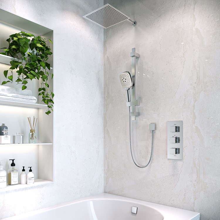 Chrome Dual Outlet Wall Mounted Thermostatic Mixer Shower  with Hand Shower & Overflow Bath Filler - Cube