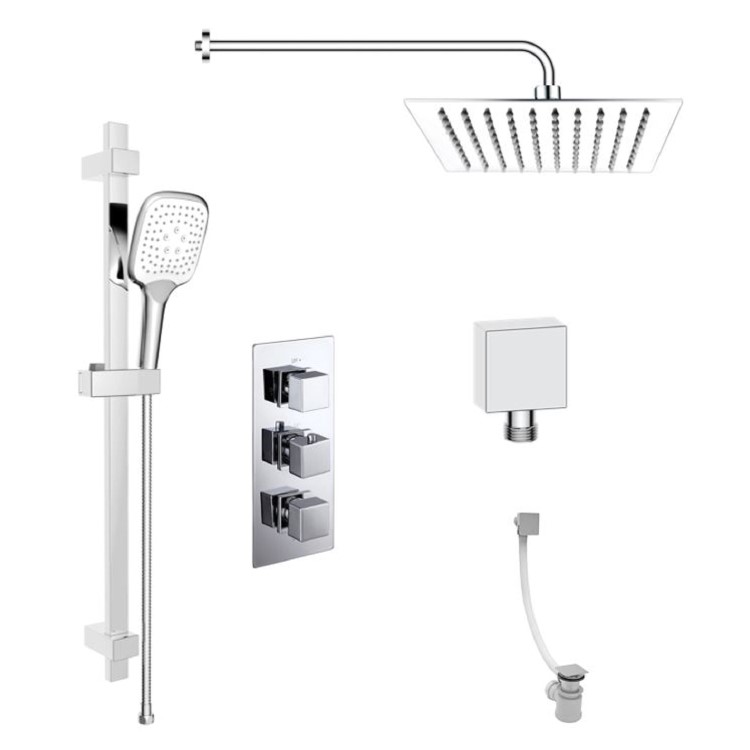 Chrome Dual Outlet Wall Mounted Thermostatic Mixer Shower  with Hand Shower & Overflow Bath Filler - Cube