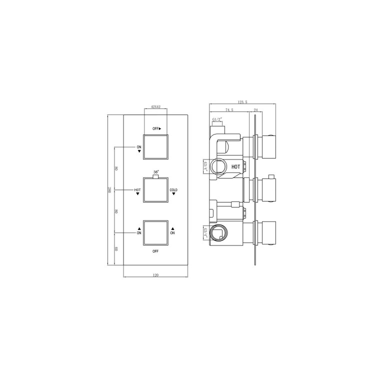 Chrome Dual Outlet Wall Mounted Thermostatic Mixer Shower  with Hand Shower & Overflow Bath Filler - Cube