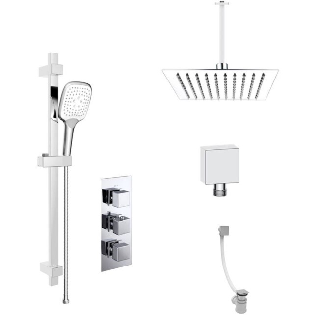 Chrome Dual Outlet Ceiling Mounted Thermostatic Mixer Shower  with Hand Shower & Overflow Bath Filler - Cube