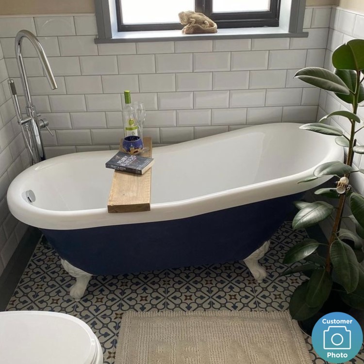 Blue Freestanding Single Ended Roll Top Slipper Bath with White Feet 1615 x 690mm - Baxenden