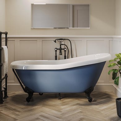 Blue Freestanding Single Ended Roll Top Slipper Bath with White Feet 1615 x 690mm - Baxenden