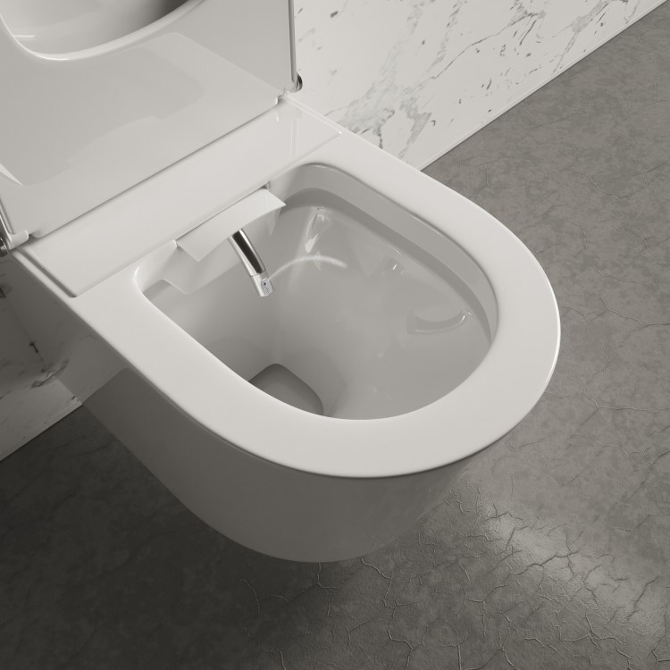 ONLY OPENED - Wall Hung Smart Bidet Round Toilet with 1160mm Frame Cistern and White Sensor Flush Plate - Purificare