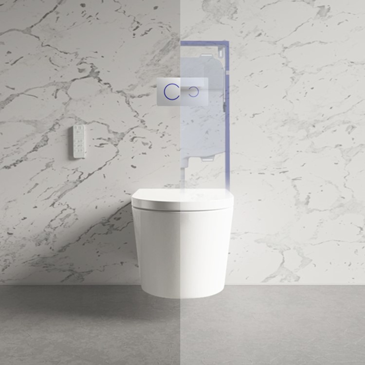 ONLY OPENED - Wall Hung Smart Bidet Round Toilet with 1160mm Frame Cistern and White Sensor Flush Plate - Purificare