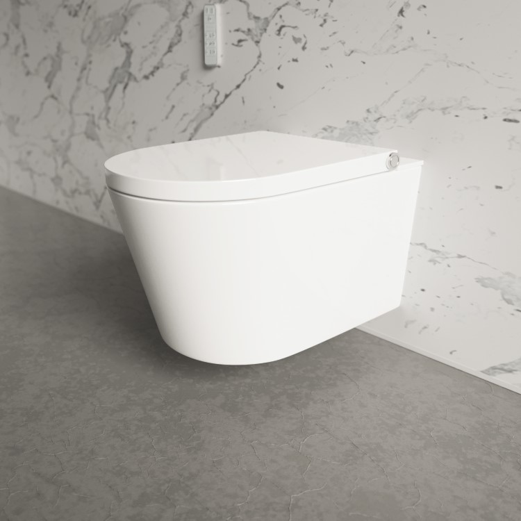 ONLY OPENED - Wall Hung Smart Bidet Round Toilet with 1160mm Frame Cistern and White Sensor Flush Plate - Purificare