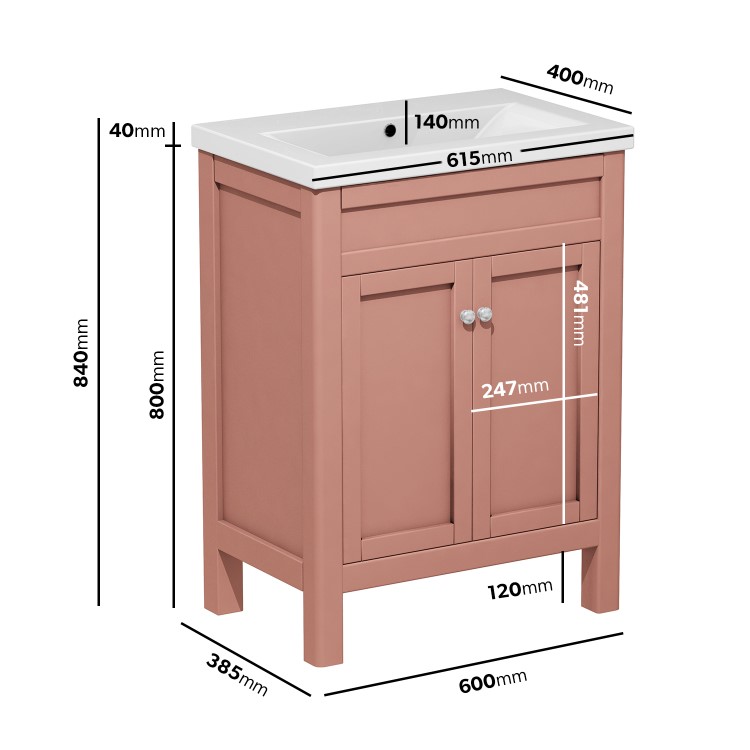 Grade A1 - 600mm Pink Freestanding Vanity Unit with Basin - Avebury