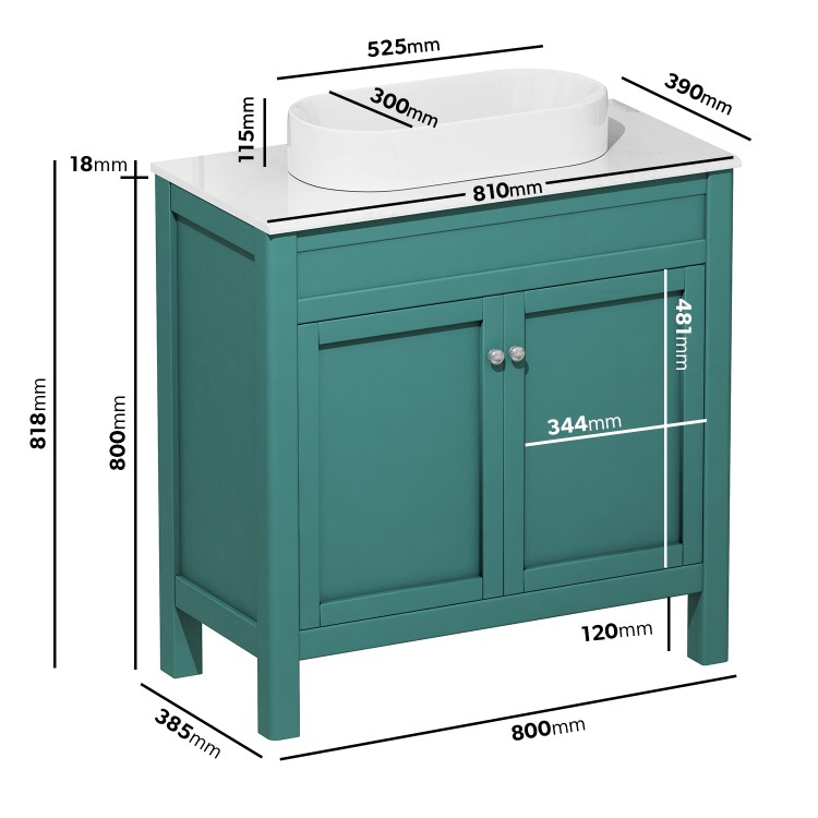 Grade A1 - 800mm Jewel Teal Freestanding Countertop Vanity Unit with Basin - Avebury 