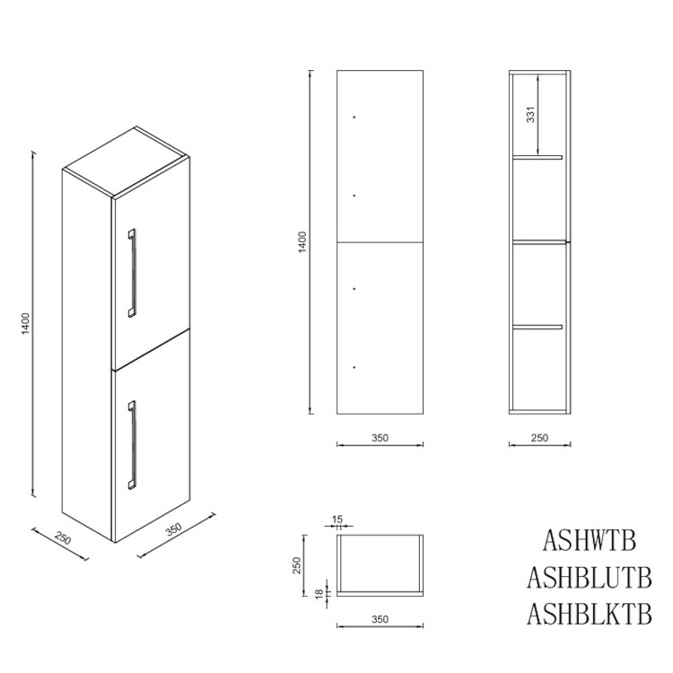 Double Door Blue Wall Mounted Tall Bathroom Cabinet with Brass Handles 350 x 1400mm - Ashford