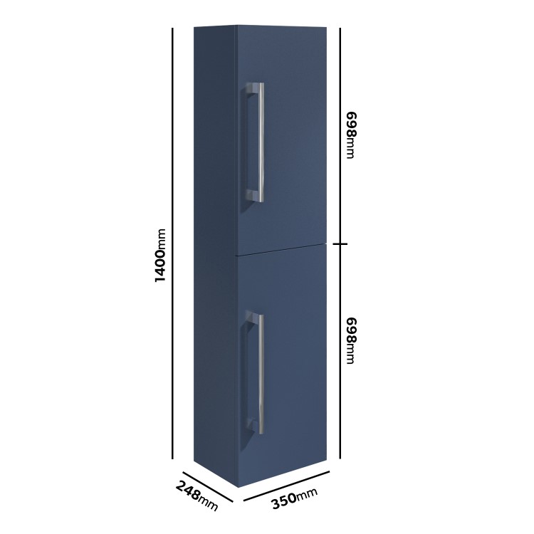 ALMOST PERFECT - Double Door Blue Wall Mounted Tall Bathroom Cabinet with Chrome Handles 350 x 1400mm - Ashford