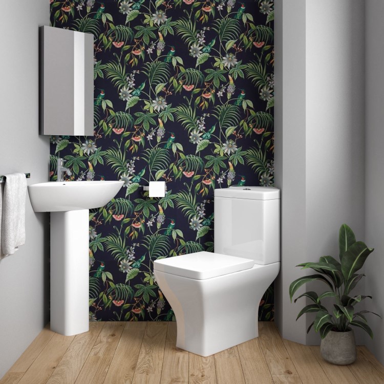 Grade A1 - Cloakroom Suite with Corner Pedestal Basin and Square Close Coupled Toilet
