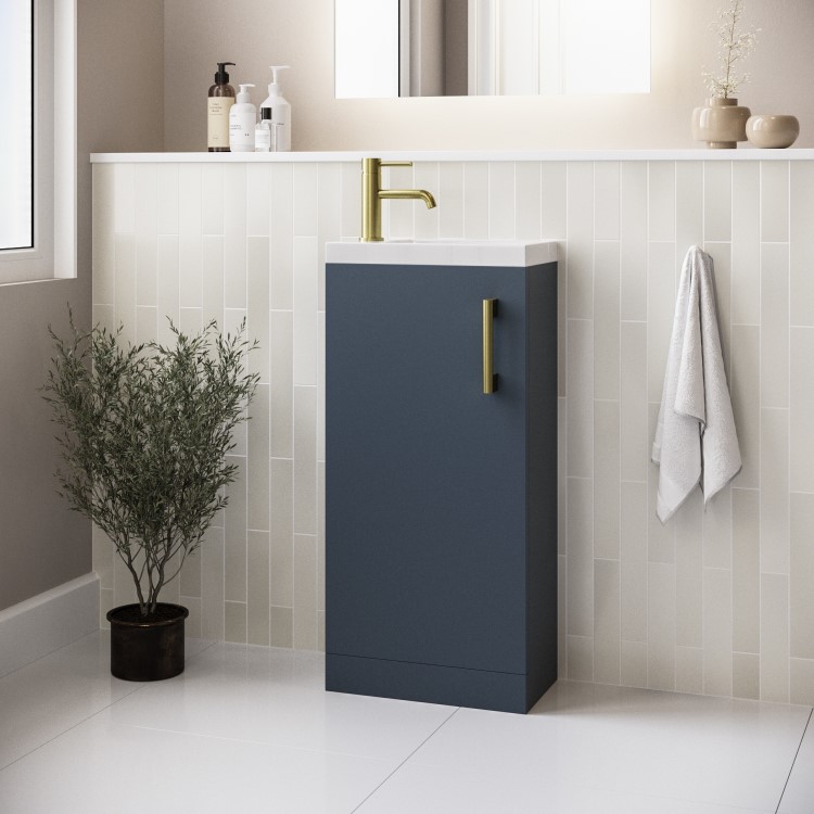 ONLY OPENED - 400mm Blue Cloakroom Freestanding Vanity Unit with Basin and Brass Handle - Ashford