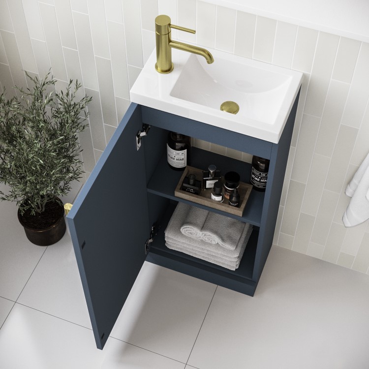 ONLY OPENED - 400mm Blue Cloakroom Freestanding Vanity Unit with Basin and Brass Handle - Ashford