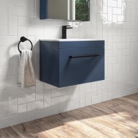 Grade A1 - 600mm Blue Wall Hung Vanity Unit with Basin and Black Handle - Ashford