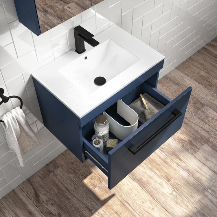 Grade A1 - 600mm Blue Wall Hung Vanity Unit with Basin and Black Handle - Ashford