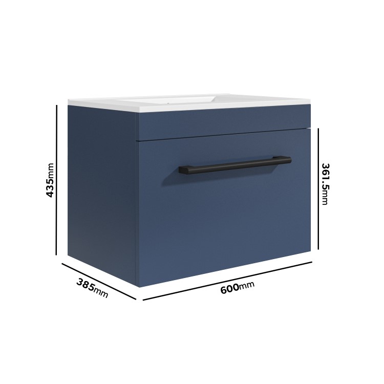 Grade A1 - 600mm Blue Wall Hung Vanity Unit with Basin and Black Handle - Ashford