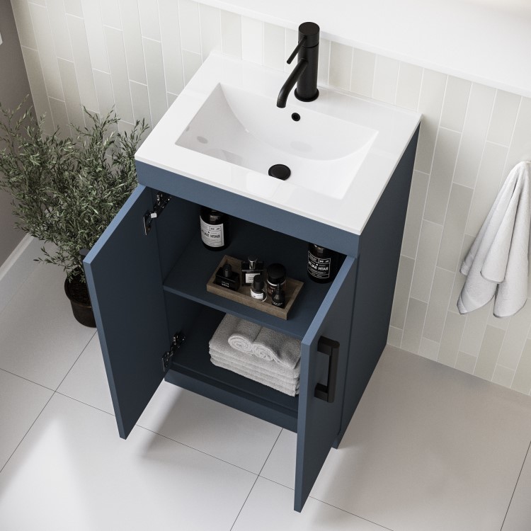 500mm Blue Freestanding Vanity Unit with Basin and Black Handles - Ashford