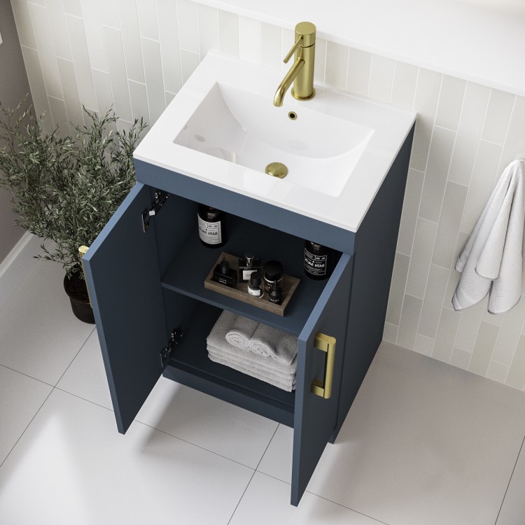 600mm Blue Freestanding Vanity Unit with Basin and Brass Handles - Ashford