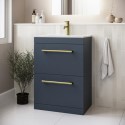 BUN/A1/BeBa_27093/98640 ONLY OPENED - 600mm Blue Freestanding Vanity Unit with Basin, Brass Handles and Drawers - Ashford