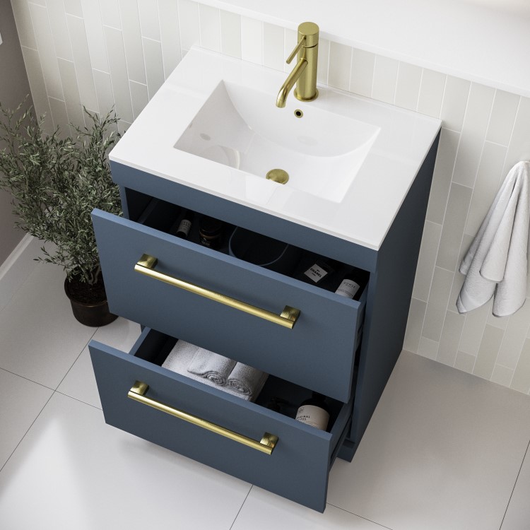 ONLY OPENED - 600mm Blue Freestanding Vanity Unit with Basin, Brass Handles and Drawers - Ashford
