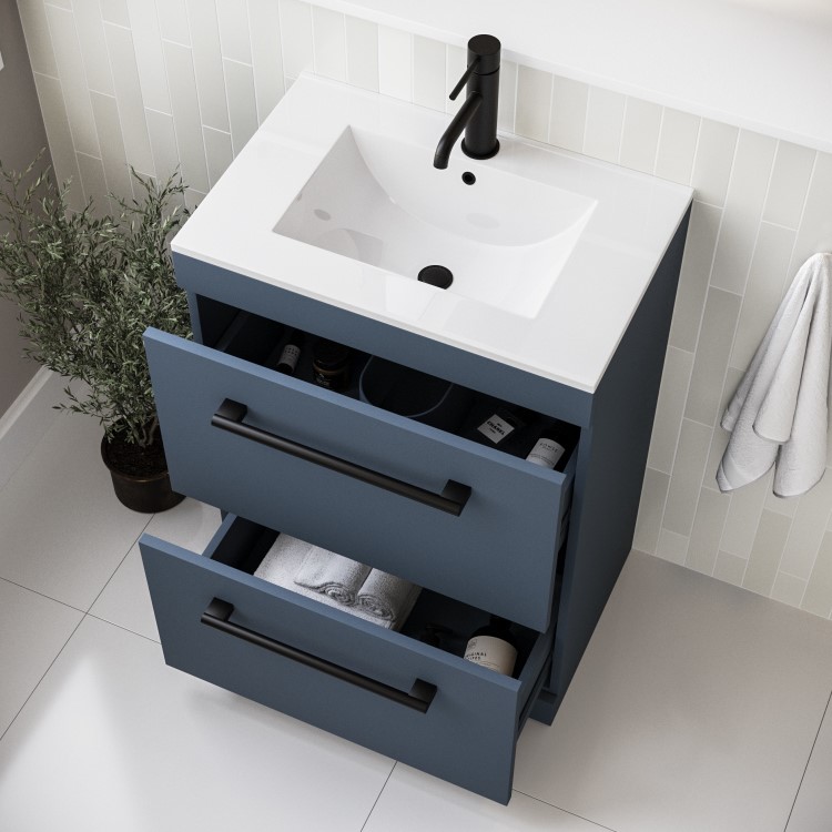 600mm Blue Freestanding Vanity Unit with Basin, Black Handles and Drawers - Ashford