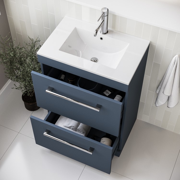 600mm Blue Freestanding Vanity Unit with Basin, Chrome Handles and Drawers- Ashford