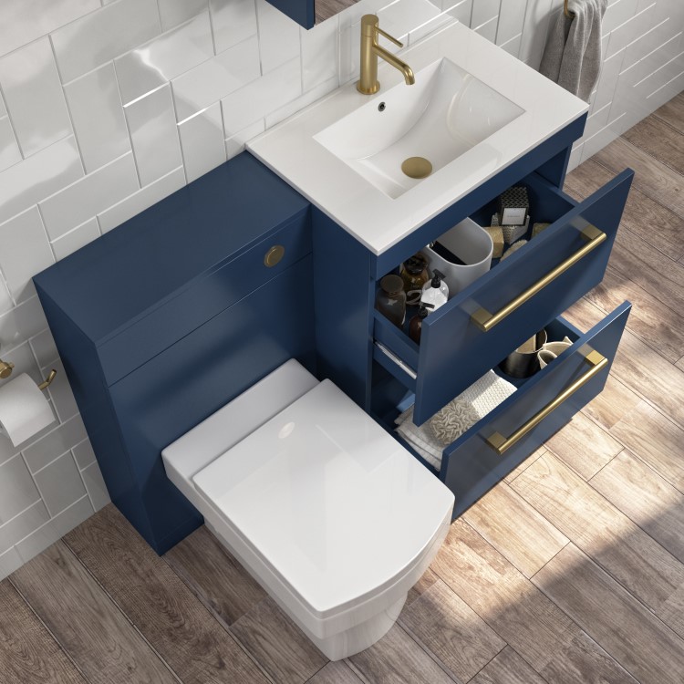 1100mm Blue Square Toilet and Sink Unit with Brass Fittings - Ashford