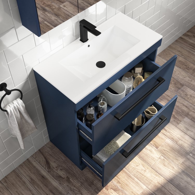 Grade A1 - 800mm Blue Freestanding Vanity Unit with Basin and Black Handle - Ashford