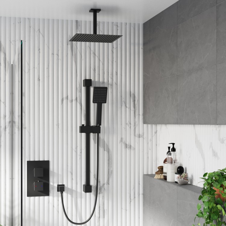 Grade A1 - Black Dual Outlet Wall Mounted Thermostatic Mixer Shower with Hand Shower - Zana