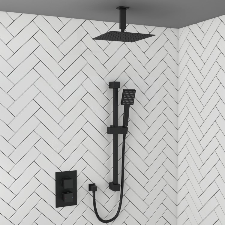 Grade A1 - Black Dual Outlet Wall Mounted Thermostatic Mixer Shower with Hand Shower - Zana