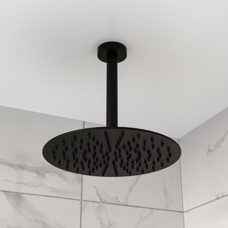 Black 250mm Slim Round Shower Head and Ceiling Arm - Arissa