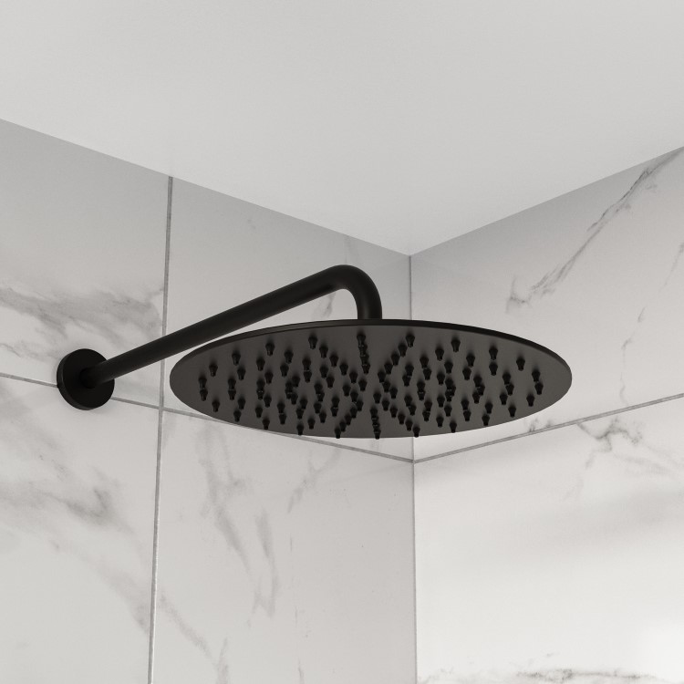 Black 250mm Slim Round Shower Head and Ceiling Arm - Arissa