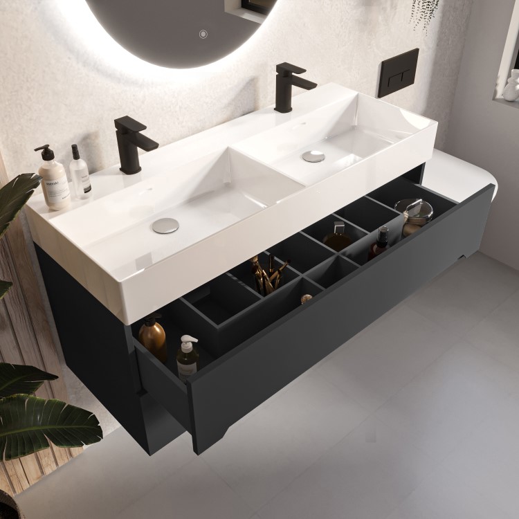 Grade A1 - 1200mm Anthracite Wall Hung Double Vanity Unit with Basin - Morella
