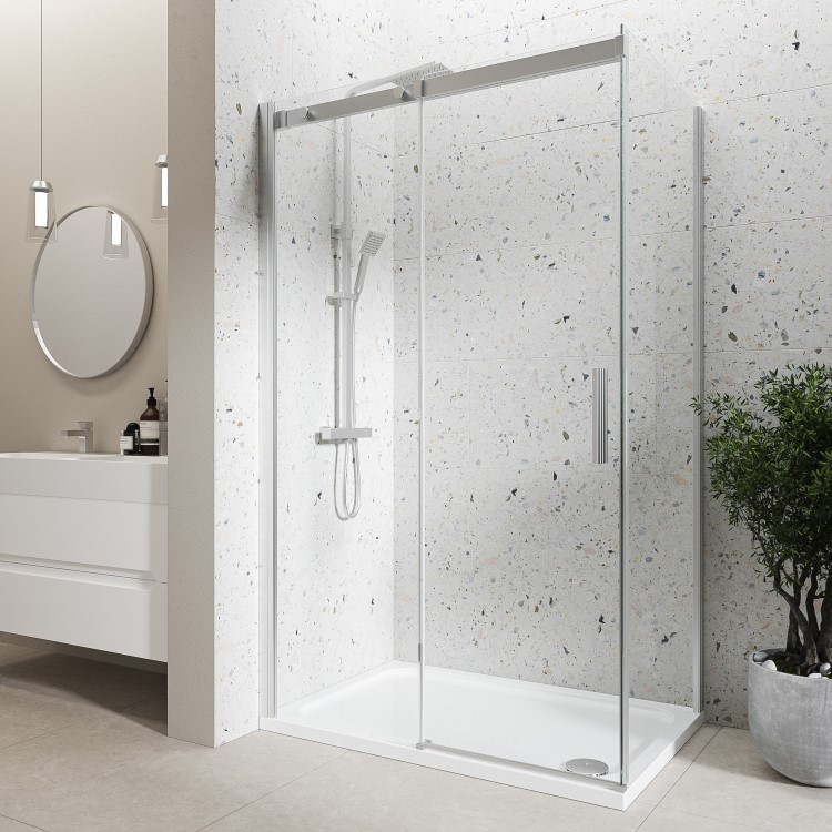 Grade A1 - Chrome 8mm Glass Frameless Rectangular Sliding Shower Enclosure 1200x900mm - Aquila