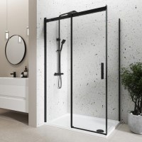 Black 8mm Glass Frameless Rectangular Sliding Shower Enclosure with Shower Tray 1000x700mm - Aquila