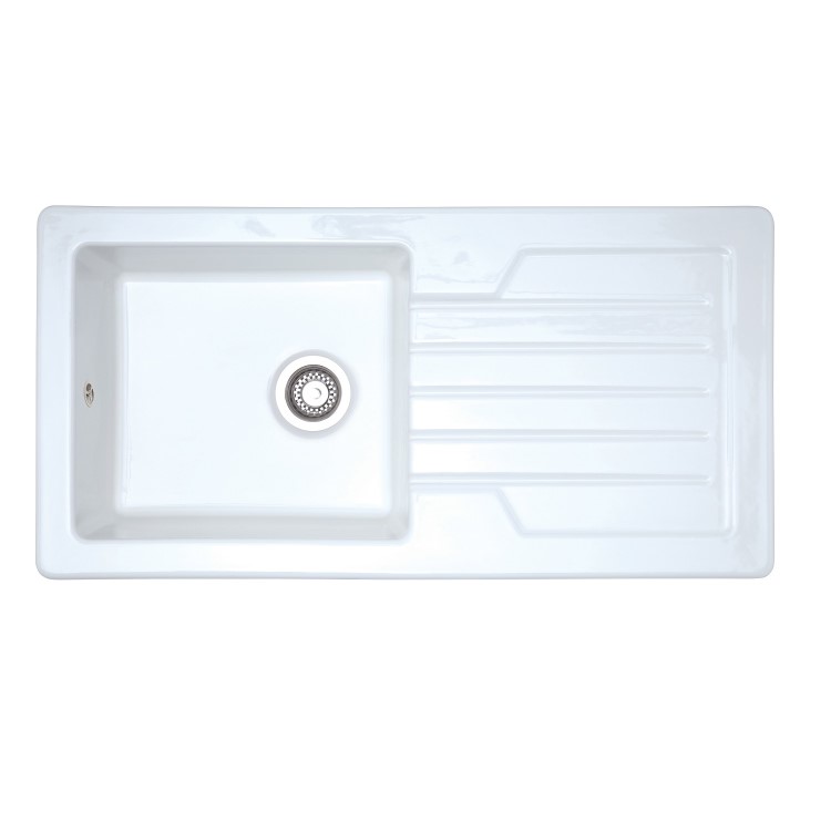 1 Bowl White Reversible Ceramic Inset Kitchen Sink with Brushed Brass Pull Out Mixer Tap Set - Taylor & Moore