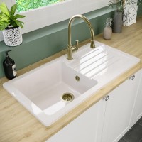 1 Bowl White Reversible Ceramic Inset Kitchen Sink with Brushed Brass Pull Out Mixer Tap Set - Taylor & Moore 1 Bowl White Reversible Ceramic Inset Kitchen Sink with Brushed Brass Pull Out Mixer Tap Set - Taylor & Moore