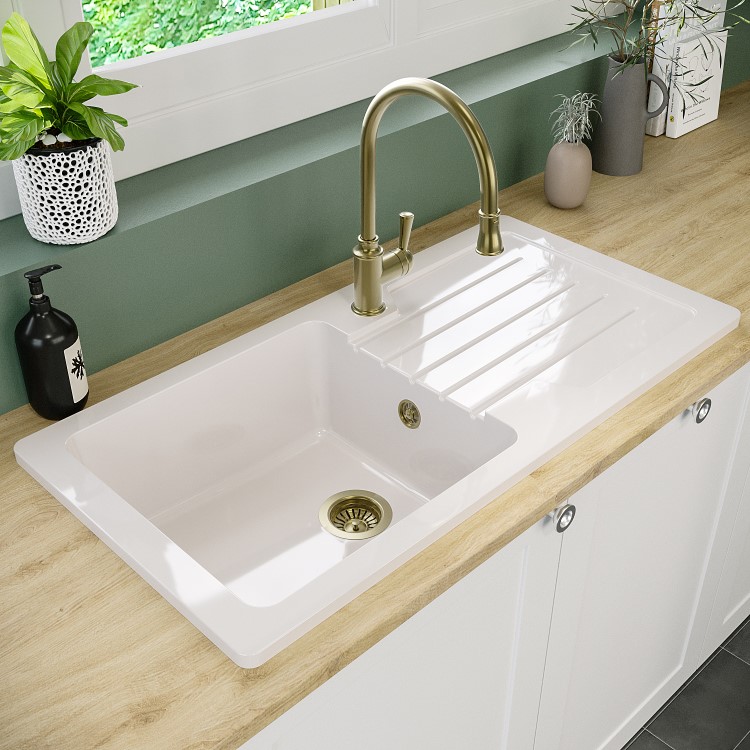 1 Bowl White Reversible Ceramic Inset Kitchen Sink with Brushed Brass Pull Out Mixer Tap Set - Taylor & Moore