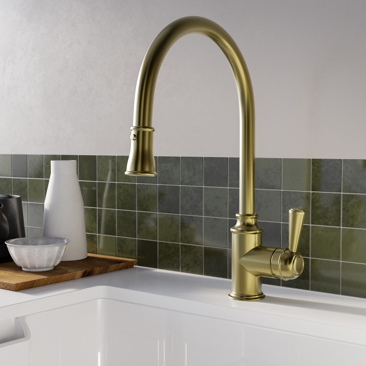 1 Bowl White Reversible Ceramic Inset Kitchen Sink with Brushed Brass Pull Out Mixer Tap Set - Taylor & Moore