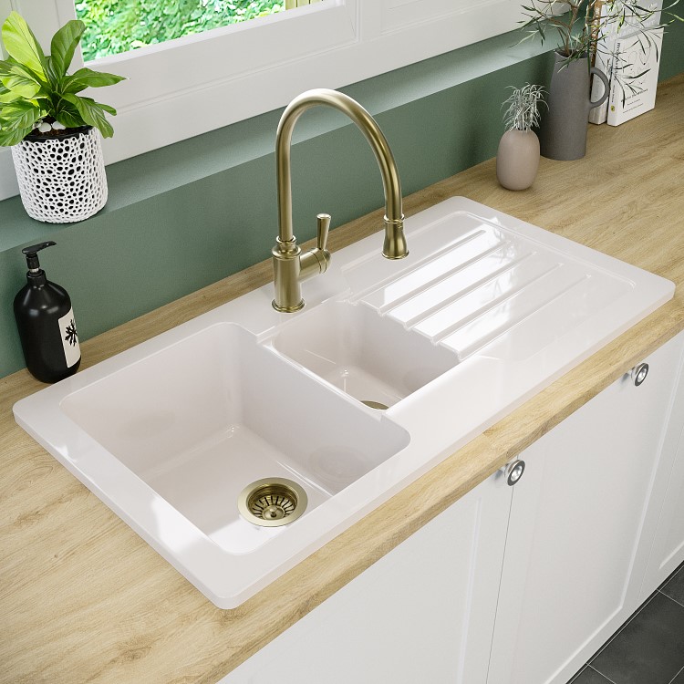 1.5 Bowl White Reversible Ceramic Inset Kitchen Sink with Brushed Brass Pull Out Mixer Tap Set - Taylor & Moore