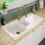 1.5 Bowl White Reversible Ceramic Inset Kitchen Sink with Brushed Brass Pull Out Mixer Tap Set - Taylor & Moore